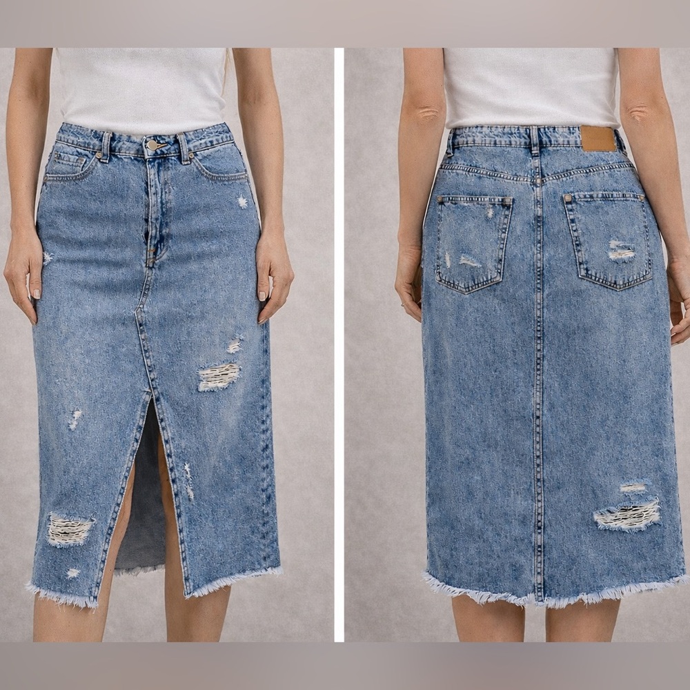 H&M Distressed High Waist Midi Skirt (calf length)